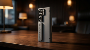 Cinematic dark editorial photograph of a Samsung Galaxy Z Fold case on a dark walnut executive desk — moody hero image for the Galaxy Z Fold 8 rumor tracker