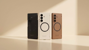 Kinetic P1 S-Pen holder cases for Galaxy Z Fold in black, cream, and caramel standing in a row on a cream studio background