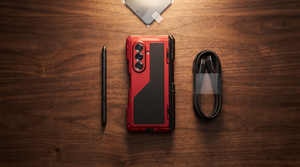 FoldifyCase Vanguard H1 red heavy-duty case flat-lay on dark walnut with S-Pen stylus, coiled USB-C cable, and tempered glass screen protector — editorial accessories curation hero for Which Galaxy Z TriFold Accessories Actually Matter
