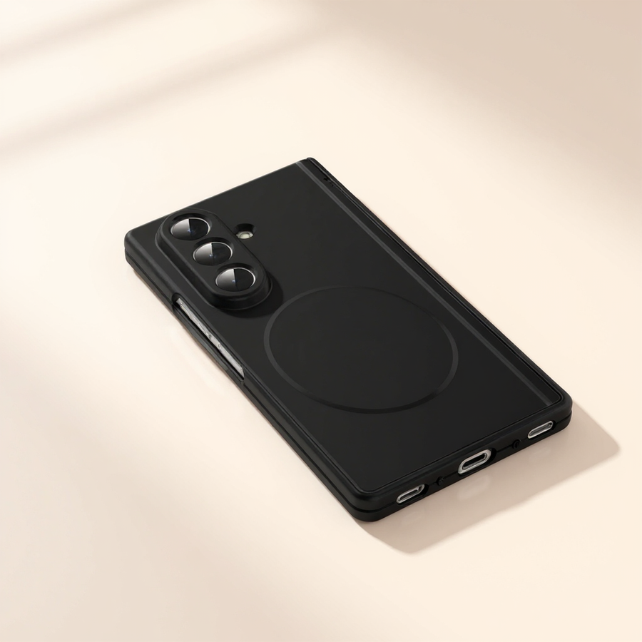 Macro detail of a foldable case showing triple camera cutouts, side buttons and port openings — the precise tolerances that change between Galaxy Z Fold 7 and Z Fold 8