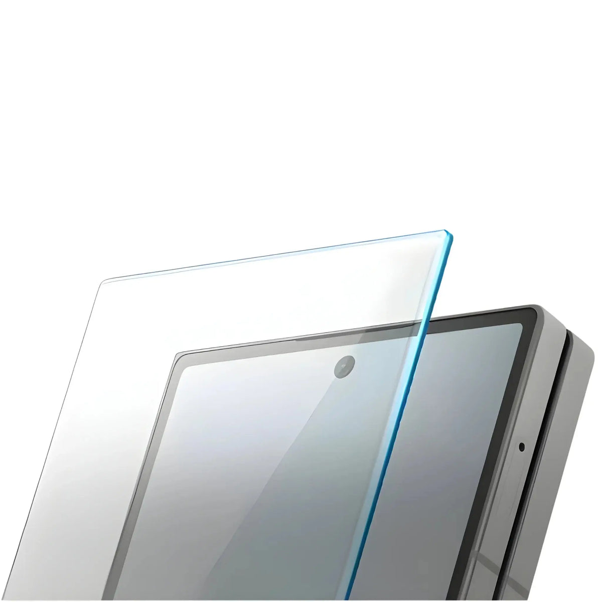 Tempered glass screen protector being installed on a tablet with front camera visible