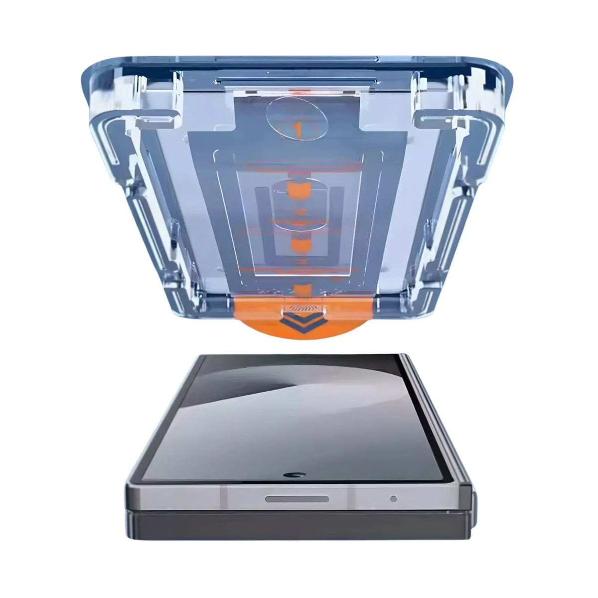 Transparent blue phone case with orange details hovering above a modern smartphone on white background