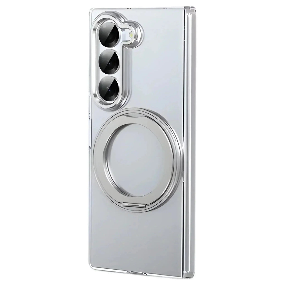Clear foldable phone case with raised ring grip and triple camera cutout for Samsung Z Fold
