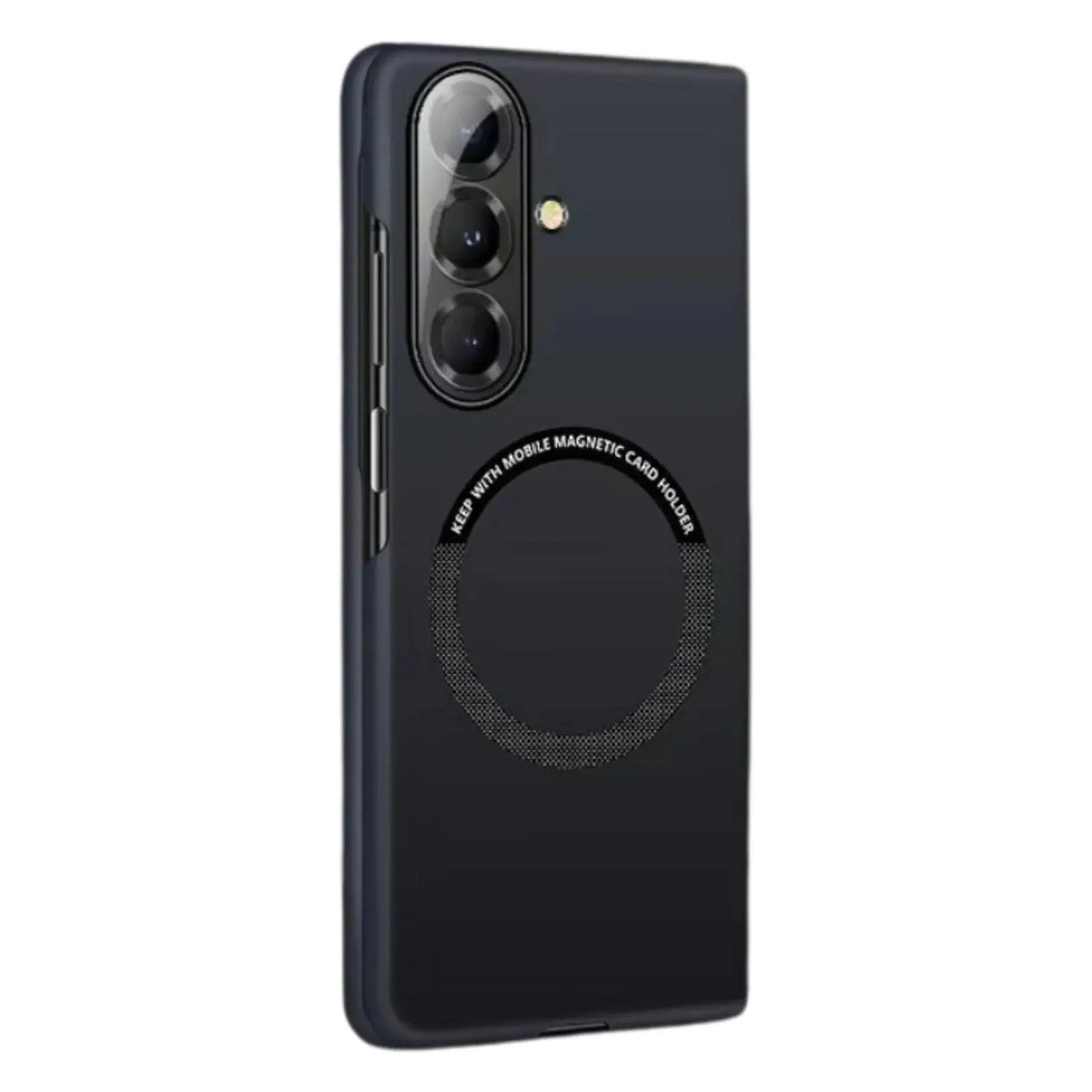Black smartphone case with triple camera and magnetic card holder circle on back