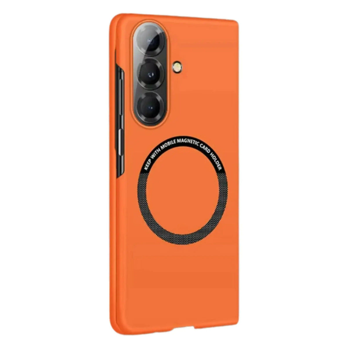 Orange smartphone case with triple camera cutout and magnetic card holder ring