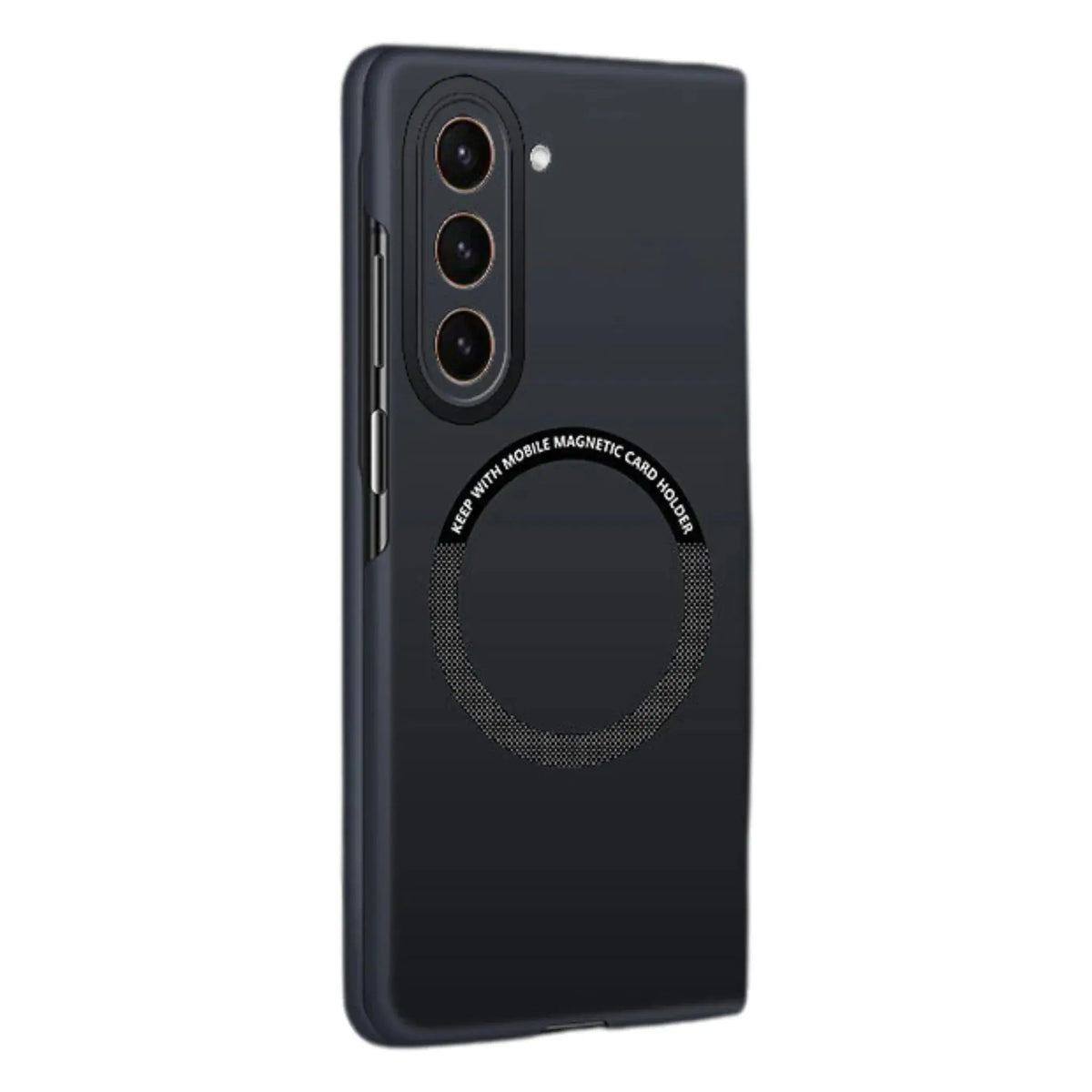 Black smartphone case with triple camera cutout and circular magnetic card holder design