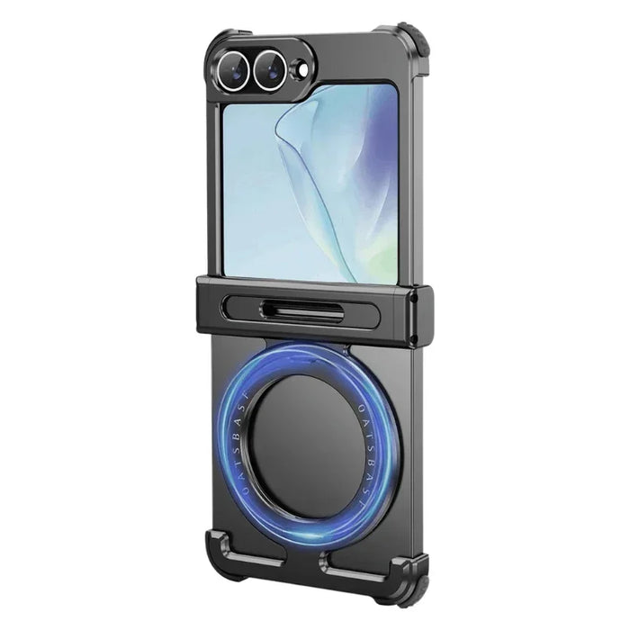 Halo F1 magnetic metal case for Samsung Galaxy Z Flip with 360 rotatable ring holder reinforced hinge and shock-absorbing corners