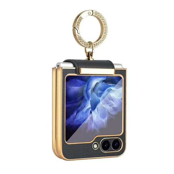 Commuter F1 hinge cover case for Samsung Galaxy Z Flip with PU leather gold electroplated accents and crystal ring holder