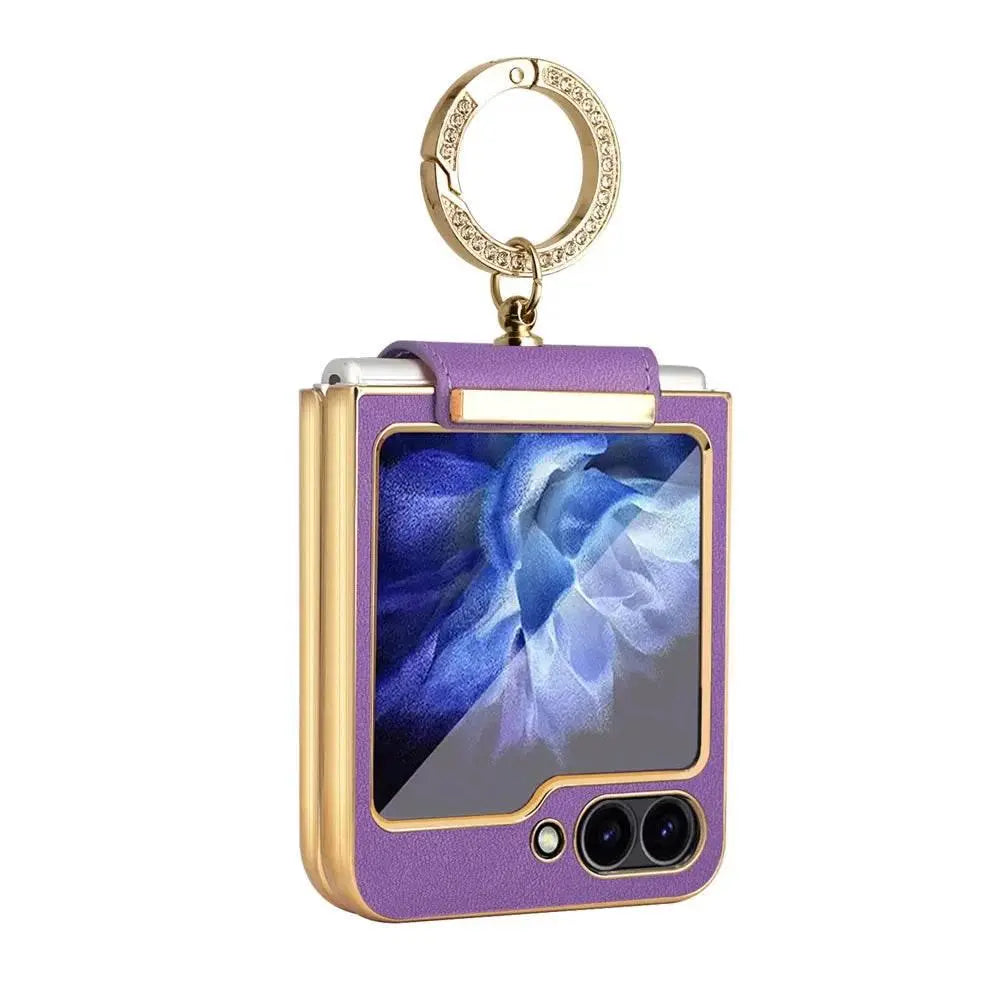 Purple and gold foldable smartphone case with keyring and dual rear cameras