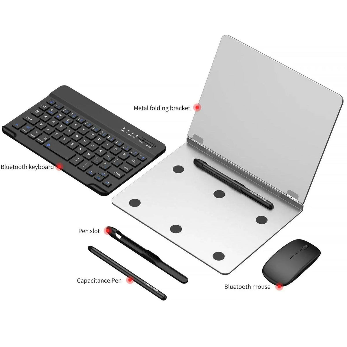 Portable Bluetooth keyboard, mouse, capacitance pen, pen slot, and metal folding bracket stand