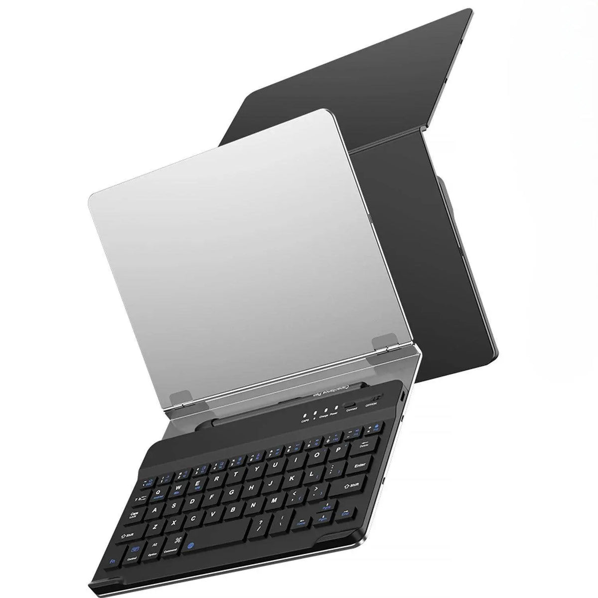 Black wireless Bluetooth keyboard with transparent case stand and power switch