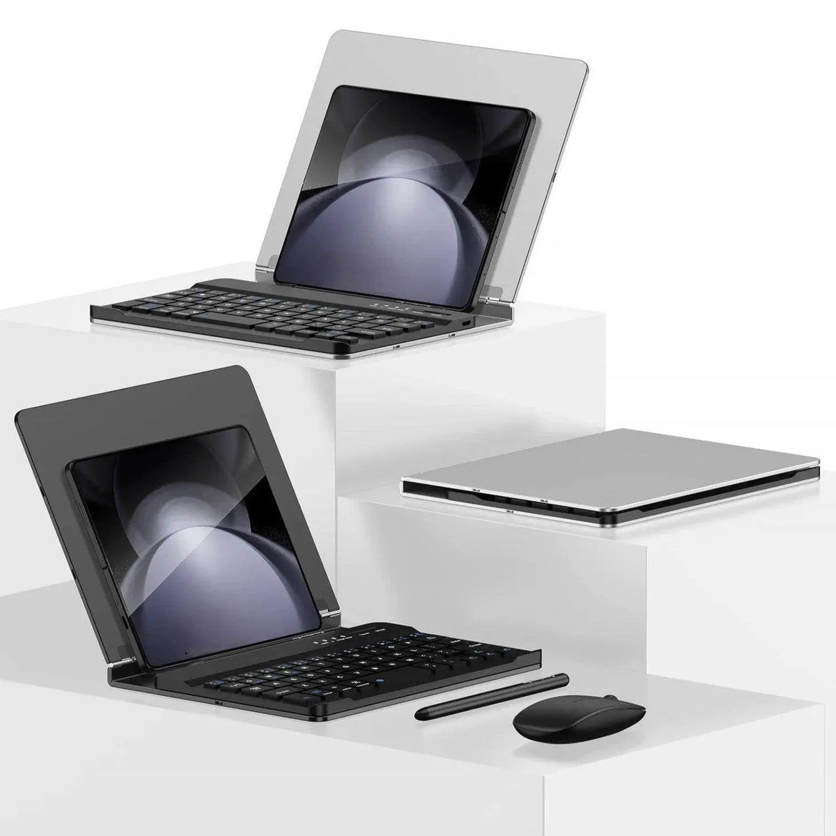 Two tablet laptops with attachable keyboards on white display blocks, sleek stylus and wireless mouse nearby