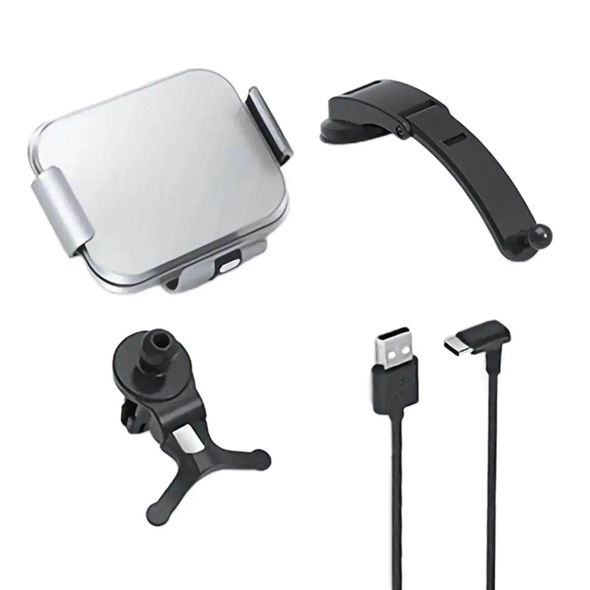 Foldable phone holder set with charging cable, car mount, and stand on white background.